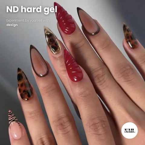Close-up of artistic nail designs using HEMA Free Warm Pink Hard Gel For Nails Pro Grade Builder Gel For Extensions Overlays