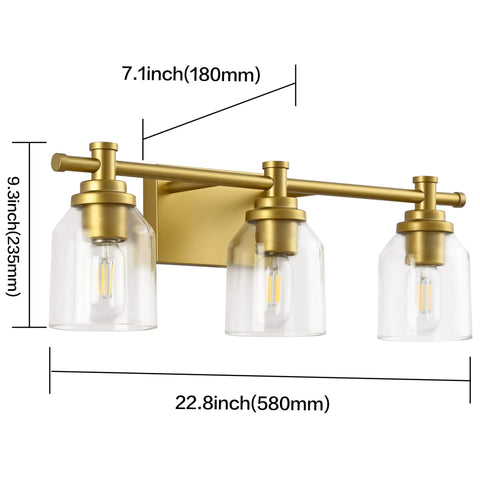 Gold Three Light Bathroom Vanity Light Fixture Over Mirror Vintage Style Wall Light With Easy Fifteen Minute Install Retro Farmhouse Vibe Gold Finish Compatible With LED Incandescent CFL And Halogen Durable Back Plate with dimensions.