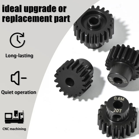 Beefed-Up Hardened Steel Pinion Gear Set For One-Tenth Scale RC Cars, 3.175mm Shaft, Includes M4 Screw And Hex Key, 18T to 21T
