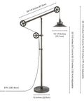 Go-To Pulley System Floor Lamp With Wide Brim Fabric Shade In Aged Steel Finish, full view with dimensions and pulley system details.