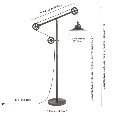 Go-To Pulley System Floor Lamp With Wide Brim Fabric Shade In Aged Steel Finish, full view with dimensions and pulley system details.