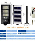 Dusk To Dawn Solar Street Light 50000LM With Motion Sensor Lit Outdoor LED Flood Light parts including panel, pole, and remote.