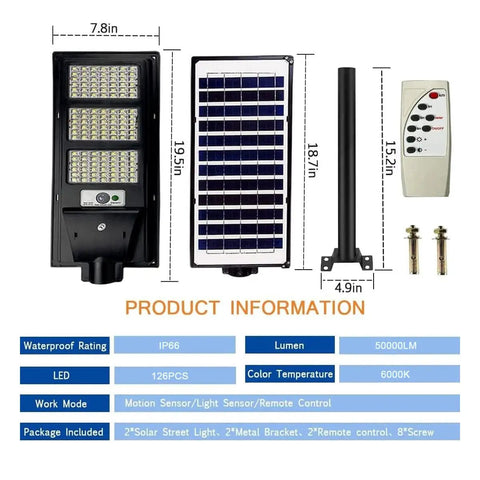 Dusk To Dawn Solar Street Light 50000LM With Motion Sensor Lit Outdoor LED Flood Light parts including panel, pole, and remote.