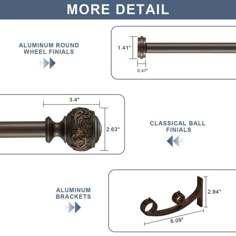 1 Inch Double Curtain Rod Telescoping Set For Windows 72 To 144 Inches, Classic Ball Finials, Premium Aluminum Brackets, Antique Bronze Finish, Heavy Duty Drapery Rod System That Holds Up To 30 Pounds, showing detailed measurements and design features.