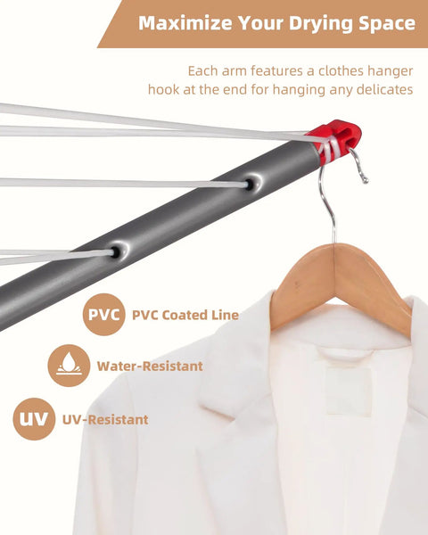 Backyard Game Changer Umbrella Clothesline, 12 Line Outdoor Drying Rack with clothes hanger hook and coated lines for delicate items.