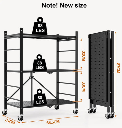 3 Tier Foldable Metal Storage Shelves With 6 Hooks And Wheels, Rolling Cart Organizer, dimensions shown, easy fold design