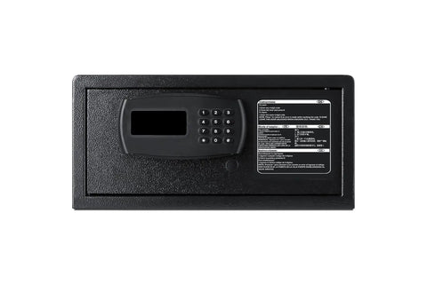 Front view of In Room Hotel Safe With LED Display 1.03 Cu Ft Battery Powered Digital Keypad No Fuss 4 Digit Guest Code And 6 Digit Master Override Multilingual English Spanish French Chinese Instructions