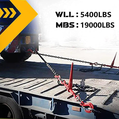 Two Pack Ratchet Chain Binder Five Sixteenths To Three Eighths Inch Heavy Duty Load Binders 5400 Lbs Working Load Limit 19000 Lbs Breaking Strength 25 Inch Hook To Hook For Truck Or Flatbed Trailer securing cargo on flatbed trailer