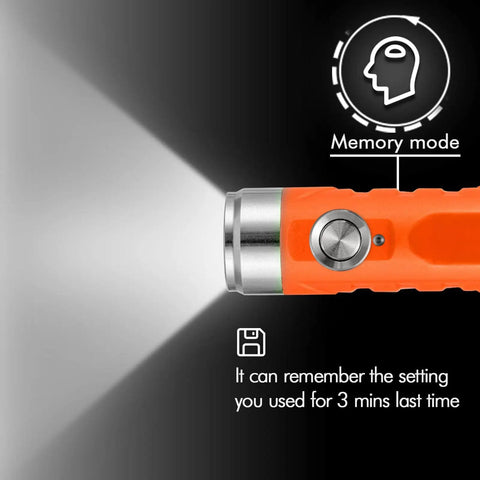 Tiny Pocket Sized USB C Rechargeable Keychain Flashlight Delivers 650 Lumens Of Super Bright Output For Everyday Carry, Camping And Outdoor Use, Ultra Compact EDC Light In Orange With Lockout Mode showing memory mode feature