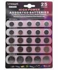 High Octane 3V Lithium Button Cell Battery Assortment With Cr2032 Cr2025 Cr2450 Cr1620 Cr1632 in a 25 piece kit.