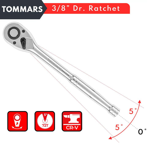 Top Shelf 3/8 Inch Drive Ratchet Wrench crafted from premium chrome vanadium steel, showing polished finish and 72-tooth ratchet.
