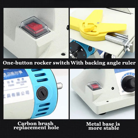 Heavy Duty Benchtop Table Saw With Rip Through Power For Wood And Metal, features rocker switch, angle ruler, and stable metal base.