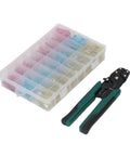 Self Adjusting Ratchet Ferrule Crimping Tool Kit For AWG 22 Through 10 Wire Includes 200 Insulated Heat Shrink Butt Connectors