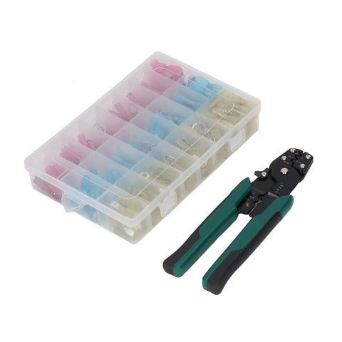 Self Adjustable Ratchet Wire Crimper Tool Kit For Awg 22 To 10 Fits All Insulated Terminals With 200 Heat Shrink Electrical Connectors And Cool Storage Box, crimper and case
