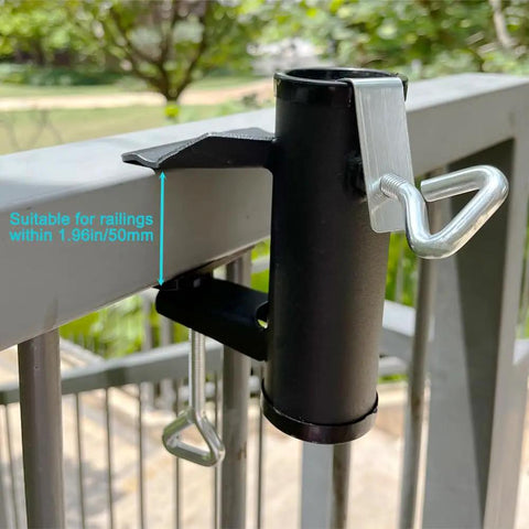 Beefy Heavy Duty Patio Umbrella Clamp Holder For Fences And Decks on railing, showing black steel with 1.96-inch opening.