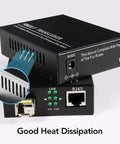 Close-up of BiDi Gigabit Single-Mode Fiber Ethernet Media Converter Kit with SFP LC Transceivers, showing port and cooling vent design.