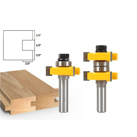 Top Tier 2Pc Tongue And Groove Router Bit Set For Pro Woodworkers To Craft Smooth Seamless Joints In Hardwood Plywood And Veneer Projects Like A Boss With Easy Setup on display with wood pieces.