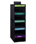 Multipurpose Hanging Closet Rack With Five Built In Dividers Weekly Garment Sorter space saving kids organizer with pockets for each day.