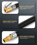 Close-up of Beefed Up 12 Inch Tire Inflator Hose Adapter With Brass Locking Quick Chuck, nylon braided design, showing brass clamp and thread.