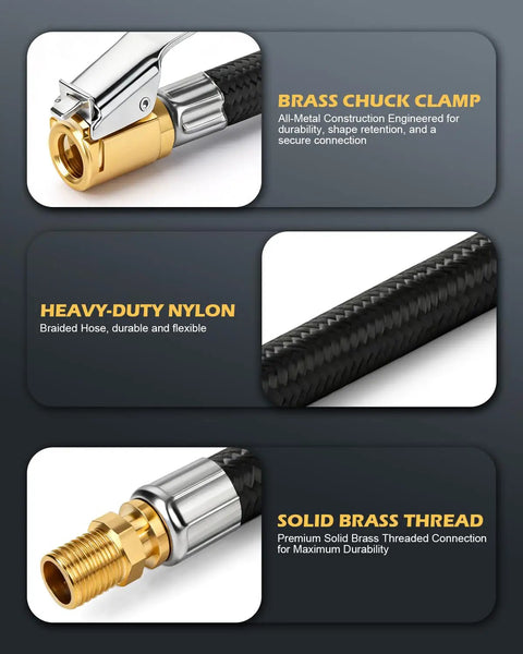 Close-up of Beefed Up 12 Inch Tire Inflator Hose Adapter With Brass Locking Quick Chuck, nylon braided design, showing brass clamp and thread.