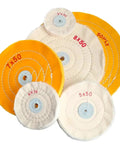 Top Tier Cotton Polishing Wheels Ten Piece Bundle Assorted Sizes Smaller Arbor Holes Compatible With Grinders Jewelry Wood Metal For Killer Slick Mirror Shine: four polishing wheels in various sizes.