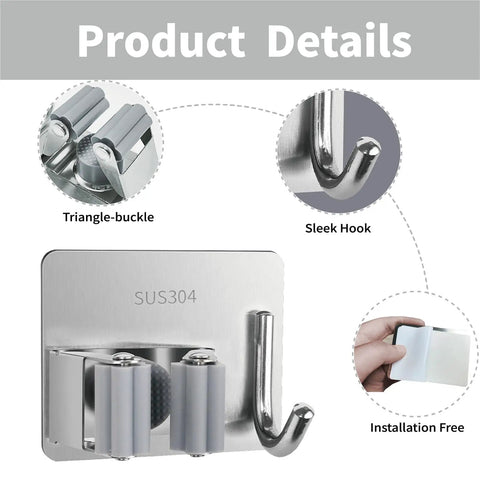 Five Pack Wall Mounted Mop And Broom Holder Set With Stainless Steel Hangers showcasing triangle-buckle, sleek hook, installation free