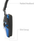 Side view of Impact Sport Electronic Earmuff With Real Blue Finish, showing padded headband and slim earcup for range use
