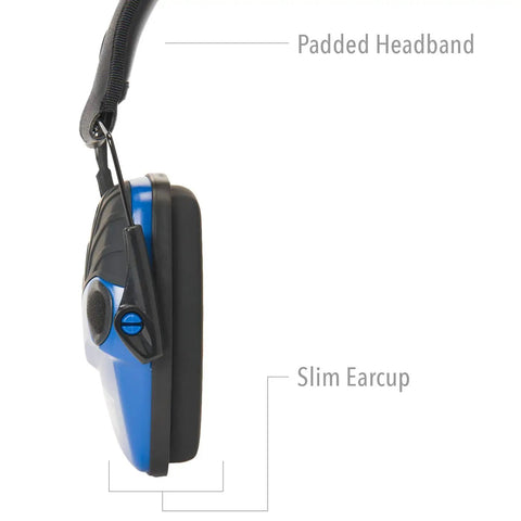 Side view of Impact Sport Electronic Earmuff With Real Blue Finish, showing padded headband and slim earcup for range use