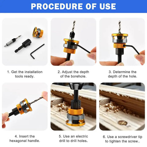 Procedure of use for Built Tough Countersink Drill Bit Set With Adjustable Depth Stop And Quick Change Hex Shank, showing adjustments and drilling steps.