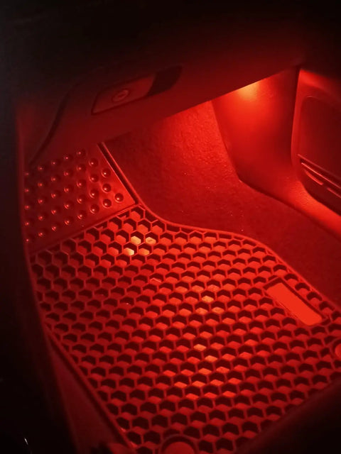 Kickin Red LED Glove Box And Footwell Lights For Volkswagen Vehicles illuminating car footwell in bright red