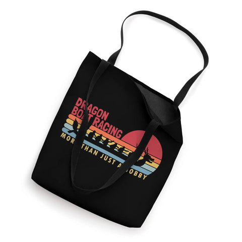 Dragon Boat Tote Bag For Paddlers And Crew Fans Who Live For Racing Regattas with dragon design and colorful text on black fabric