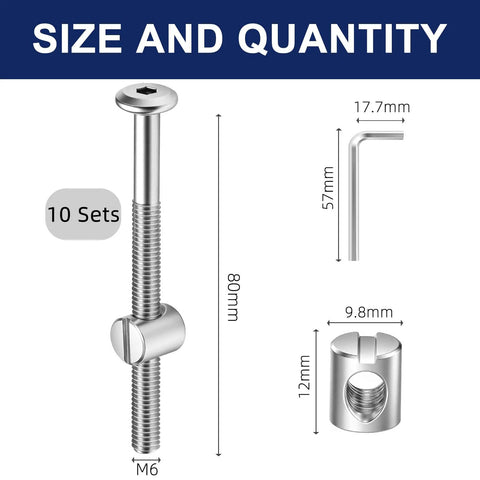Rock Solid M6 X 80mm Flat Head Socket Head Screws And Barrel Nuts With Hex Allen Wrench For Furniture Assembly Heavy Duty Carbon Steel Hardware Bolts 10 Piece Set dimensions and sizes.