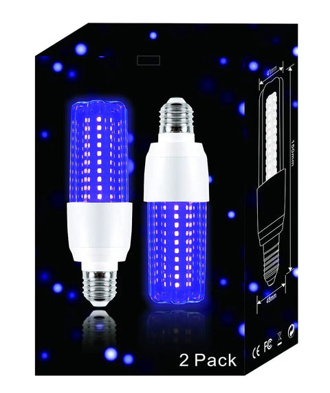 15W LED UV Black Light Bulb Energy Saver 395 400nm UV A Blacklight For Fluorescent Materials Glow In The Dark Night Life 100W Equivalent E26 Base 120V Two Pack displayed against black background with glowing effect