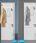 Front view of Peasulin white 12-hook over-the-door rack for towels and coats; beige coat hanging on left.