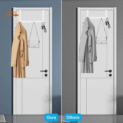 Front view of Peasulin white 12-hook over-the-door rack for towels and coats; beige coat hanging on left.