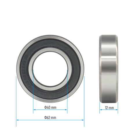 Two 40×62×12 mm deep groove ball bearings, chrome steel with black rubber shields (2 pcs)
