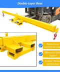Tough As Nails Two Ton Forklift Jib Crane Featuring Telescopic Boom And Dual Direction Lifting For Workshop Use, close-up of yellow double-layer base with hooks.