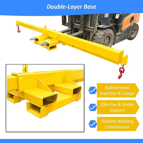 Tough As Nails Two Ton Forklift Jib Crane Featuring Telescopic Boom And Dual Direction Lifting For Workshop Use, close-up of yellow double-layer base with hooks.