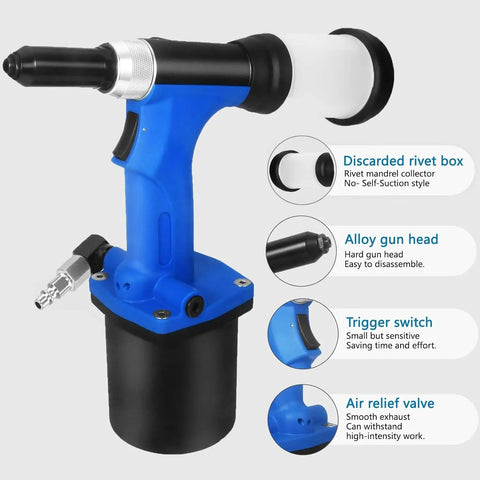 Pneumatic Pop Rivet Gun Kit Pro Grade With 20mm Stroke And 360 Degree Swivel for fast secure rivet installation, blue and black design.