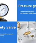 Pressure gauge and safety valve components of Pro Grade 10L Pneumatic Paint Pressure Pot With Upgraded Dual Flow Spray Cannon.