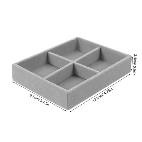 Velvet Jewelry Organizer Tray With Four Grid Compartments Stackable Minimalist, gray, 9.5x12.2cm, ideal for rings and earrings.