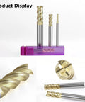 One Quarter Inch Carbide Square End Mill Pro Grade ZrN Coated Four Flute With Unequal Helix Design For Roughing And Finishing Solid Tungsten Carbide Five Piece Set displayed in a row with focus on the cutting edges.
