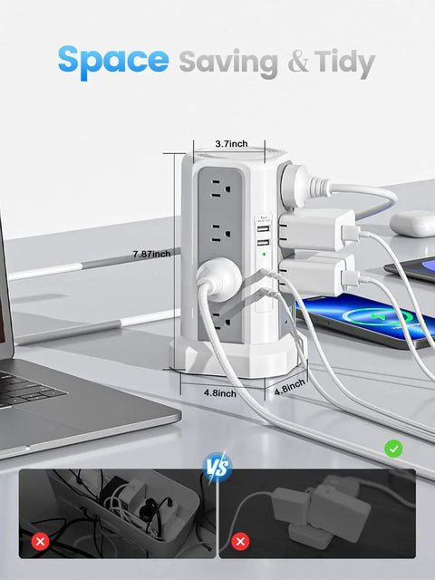 20 In 1 Surge Protector Tower With PD20W USB C Fast Charge, 16 AC Outlets And 4 USB Ports on desk with devices connected