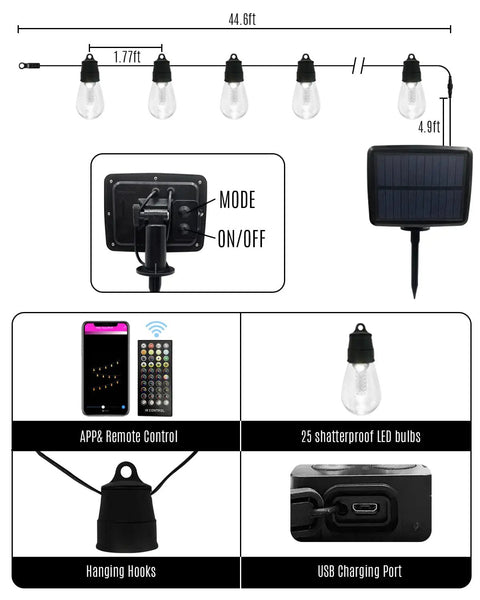 App Remote Solar String Lights 50Ft Waterproof Edison Bulbs with remote, solar panel, USB port, and hanging hooks.