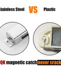 Comparison of stainless steel and plastic magnetic cabinet catches, highlighting durability with tag 'JQK magnetic catch never crack!'