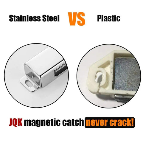 Comparison of stainless steel and plastic magnetic cabinet catches, highlighting durability with tag 'JQK magnetic catch never crack!'