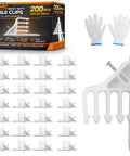 200 Pack White Cable Staples With Steel Nails For Quick No Fuss Cable Stacking Clips displayed with gloves and packaging