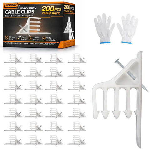 200 Pack White Cable Staples With Steel Nails For Quick No Fuss Cable Stacking Clips displayed with gloves and packaging