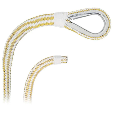 Heavy Duty Double Braid Nylon Anchor Line For Boating 5/8 Inch By 300 Feet With Corrosion Resistant Stainless Steel Thimble detail showing steel eye and braided design.