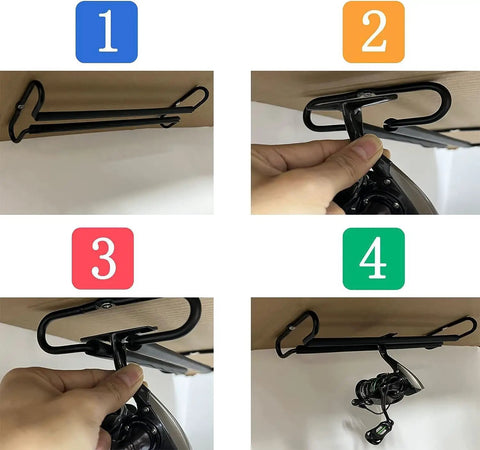 Heavy Duty Metal Fishing Reel Ceiling Rack Holds Three Reels, Overhead Storage Organizer installed in steps under ceiling
